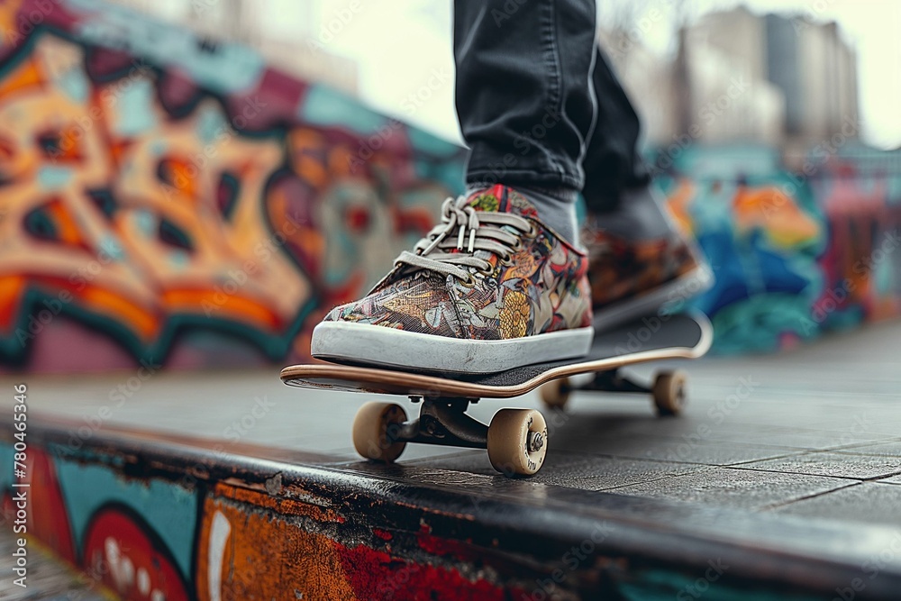 Obraz premium Fashionable Skate Shoes on Skateboard, Colorful Graffiti Art in Urban Skatepark