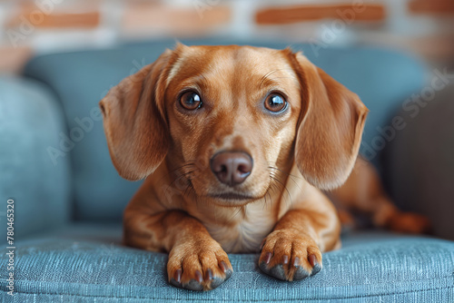 the dachshund is resting in a blue armchair looking at the camera