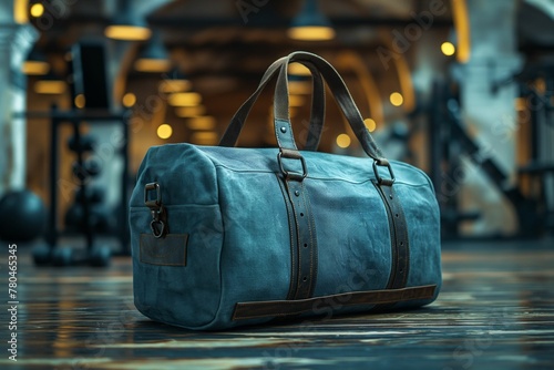 Vintage Gym Bag on Wooden Floor, Fitness Lifestyle with Industrial Gym Backdrop