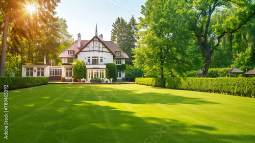 Elegant house with English garden in sunlit landscape.