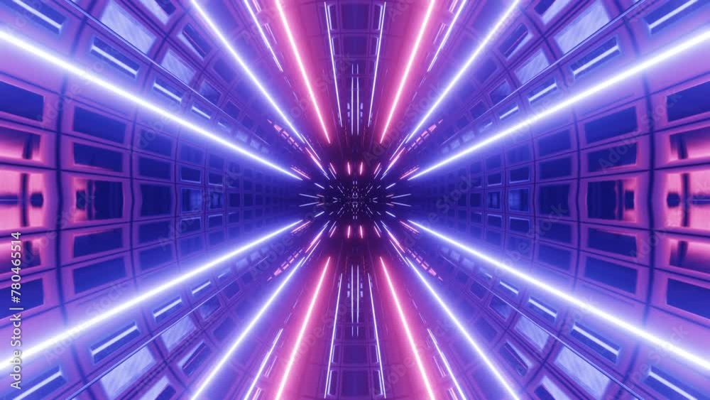 vj loop motion design background with bright neon light. Abstract bg 3d symmetrical glowing construction. Mysterious luminous technical structures. Night club vj. Hi tech sci-fi modern technology bg