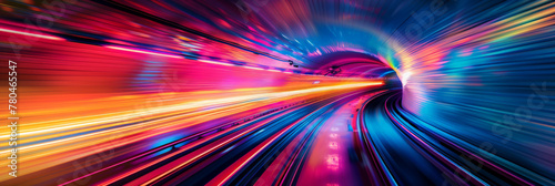 High-speed light trails through the tunnel, 3d colorful blue red pink  oraange glowing grid tunnel with black hole, Cosmic wormhole. Abstract colorful  tunnel banner	
 photo