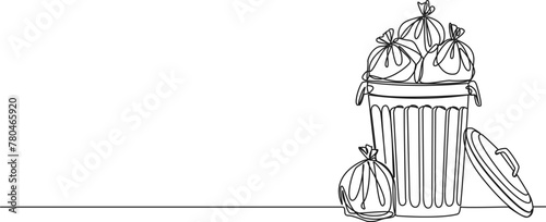 continuous single line drawing of trash can overflowing with trash bags, line art vector illustration