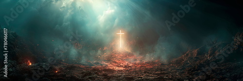 Jesus as a beacon of hope, radiating light and salvation to humanity in times of darkness. Generative AI