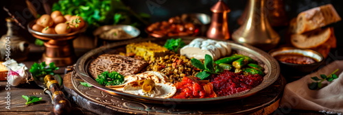 Traditional Passover Seder plate with symbolic foods arranged beautifully, showcasing the essence of the holiday. Generative AI