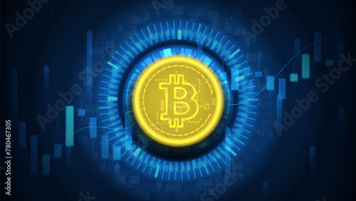 Futuristic concept banner with Bitcoin. Vector banner with glowing bitcoin, abstract digital elements and rising candle chart. Trading on the cryptocurrency exchange. Virtual cryptocurrency concept.
