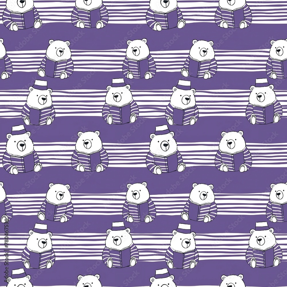 Naklejka premium Purple and white stripes, many little bears He was wearing clothes and a hat and was reading a book. Seamless fabric pattern. Textile. Fashion. Design. Background. Wallpaper