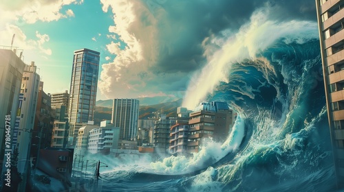 Tsunami waves in front of buildings in a cityscape, Ai generate