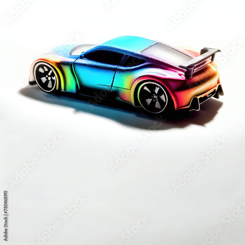  a classic sport car with bright colors isolated on a white background. shiny automobile with rainbow colors. 3d illustration made with generative AI technology
