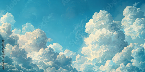 blue sky with clouds and sun, white fluffy clouds on blue sky background, banner