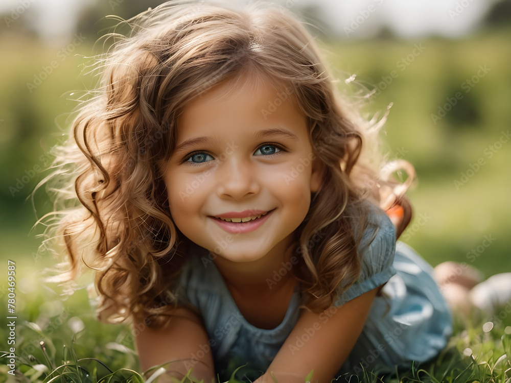 Portrait of a cute little girl on the grass in summertime Portrait of a cute little girl on the grass in summertime