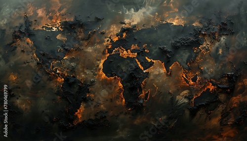 Apocalyptic Earth. Oil, Carbon, Smoke, and Fire ravaged World Map; Abstract portrayal of Global Warming's Environmental Catastrophe photo