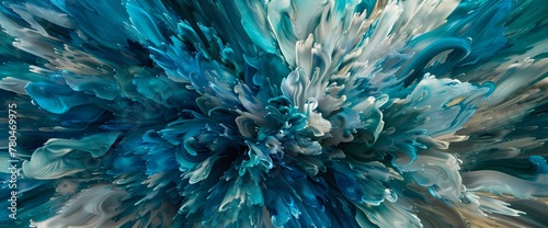 A kaleidoscope of indigo and teal bursts forth, painting an abstract masterpiece on a canvas of liquid color." © Hamza