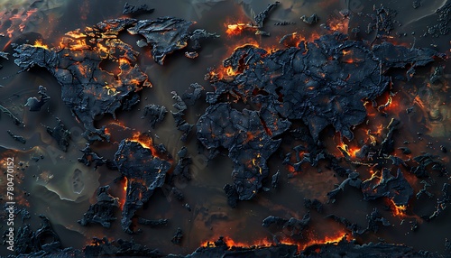 Apocalyptic Earth. Oil, Carbon, Smoke, and Fire ravaged World Map; Abstract portrayal of Global Warming's Environmental Catastrophe photo