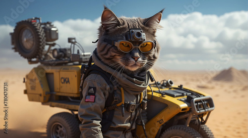 Cyberpunk cat in glasses with a modified motorcycle. Post-apocalyptic world, desert. photo