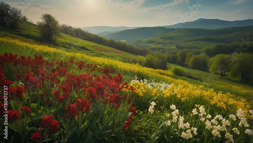  In the heart of spring, where warmth gently embraces the earth, a beautiful array of flowers blooms, their vibrant colors and fragrant scents heralding the beginning of a season of growth and vitalit photo