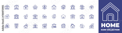 Home line icon collection. Editable stroke. Vector illustration. Containing loan, fire, smart home, pet friendly, air conditioner, green house, home insurance, home security, dog house, flooded house.
