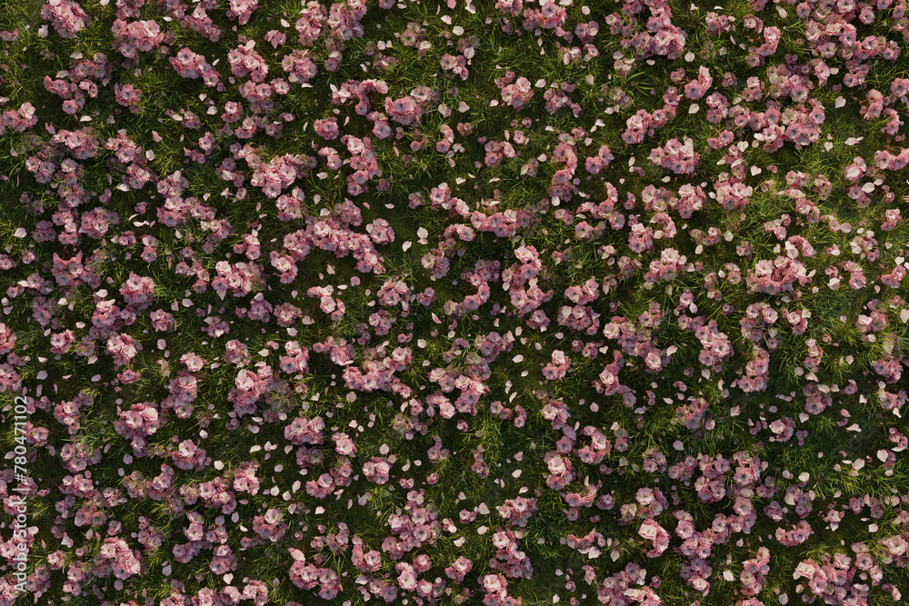 Top View on grass field covered with japanese cherry leaves. 3D Rendering