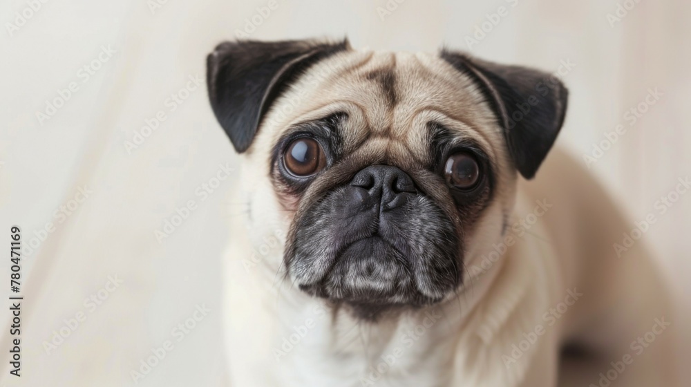 Closeup view of a cute Pug dog with expressive eyes and a wrinkled face sitting indoors