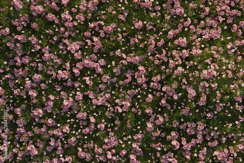 Top View on grass field covered with japanese cherry leaves. 3D Rendering