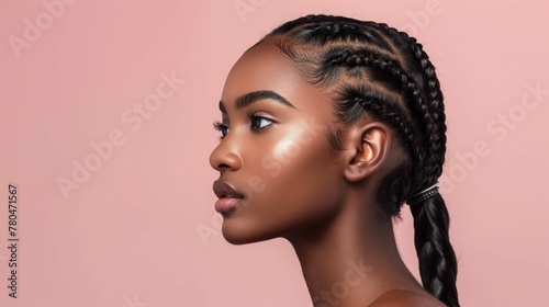 Beautiful black woman with braids hairstyle on light pink background