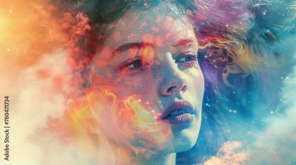 beautiful fantasy abstract portrait of a beautiful woman double exposure with a colorful digital paint splash or space nebula