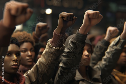 Crowd sharing a gesture of solidarity by raising fists at music event photo