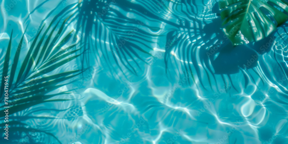 Obraz premium A closeup of blue water swimming pool with palm leaves shadows . creating a beautiful summer scene. banner