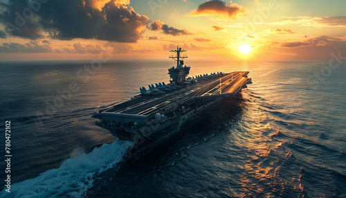 Naval aircraft carrier sailing at sunset on the open sea. photo