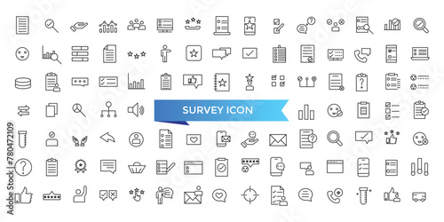 Survey icon collection. Related to feedback, opinion, questionnaire, poll, research, data collection, review and satisfaction icons. Line icon set.