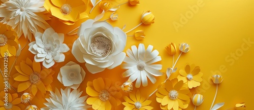 Vibrant floral arrangement set against a sunny yellow backdrop, evoking the freshness of spring and the warmth of summer. Captured in a flat lay composition with ample copy space, perfect for illustra photo