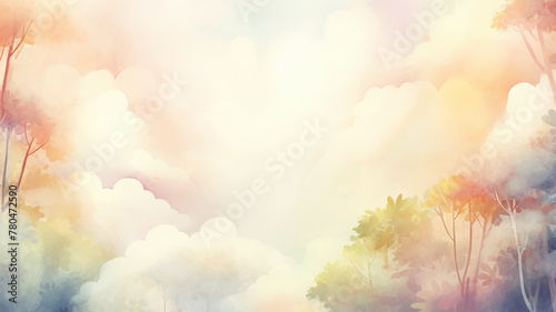 Multicolored clouds on the background of a thicket of deciduous forest, a background postcard in watercolor style