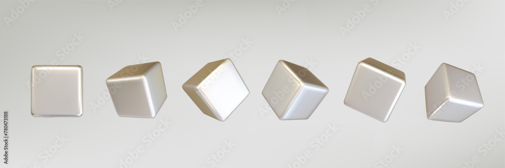 Silver chrome metal realistic cubes set isolated. Render a rotating chrome steel box with different angles in perspective with lighting and shadow. y2k creative vector. Silver chrome metal realistic cubes set isolated. Render a rotating chrome steel box with different angles in perspective with lighting and shadow. y2k creative vector.