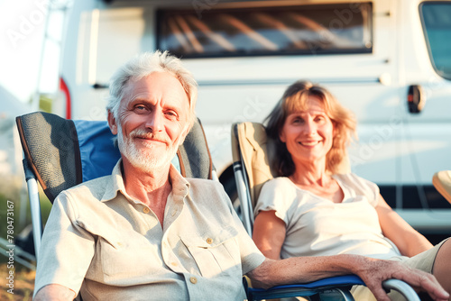 Relaxed Senior Couple Sitting Outside Their Camper Van Enjoying Retirement