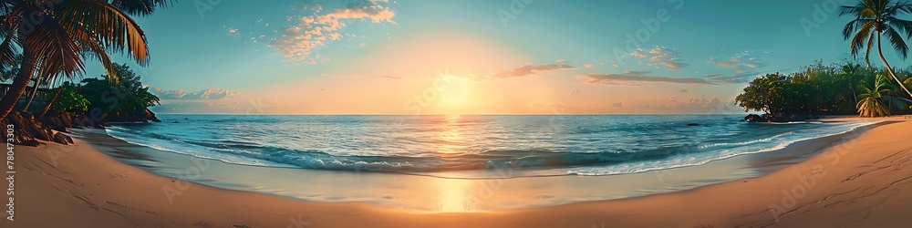 Tranquil Dawn, Scenic Panorama of Palm-Adorned Paradise Beach with Serene Ocean