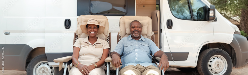 Cheerful African American Senior Couple Relaxing by Their White Camper Van on a Sunny Day