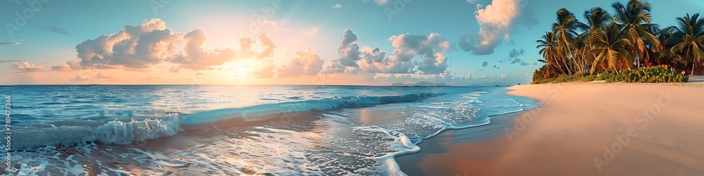 Obraz premium Tranquil Dawn, Scenic Panorama of Palm-Adorned Paradise Beach with Serene Ocean