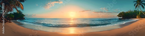 Tranquil Dawn  Scenic Panorama of Palm-Adorned Paradise Beach with Serene Ocean