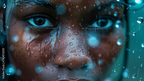 Black Woman face under water drops
