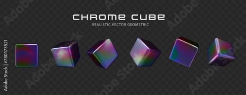 3d metal cube with iridescent chrome effect isolated on dark background. Realistic holographic metal rotating box with rainbow gradient effect. © Hanna_zasimova