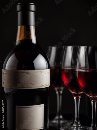 A stylish still life featuring wine glasses filled with red wine, a bottle of red wine on a black background