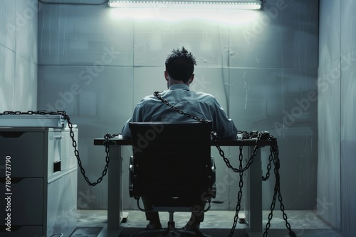 Conceptual image of a man chained to his work desk in a dark office photo