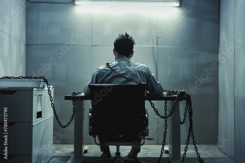 Conceptual image of a man chained to his work desk in a dark office