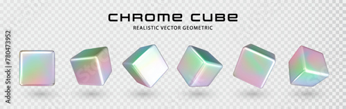 3D chrome cube set with rainbow effect. Modern multicolor metal object, futuristic design with neon gradient. Realistic y2k holographic shape for modern futuristic design aesthetics.