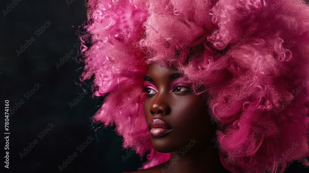 black woman with pink fluffy hairstyle on black background