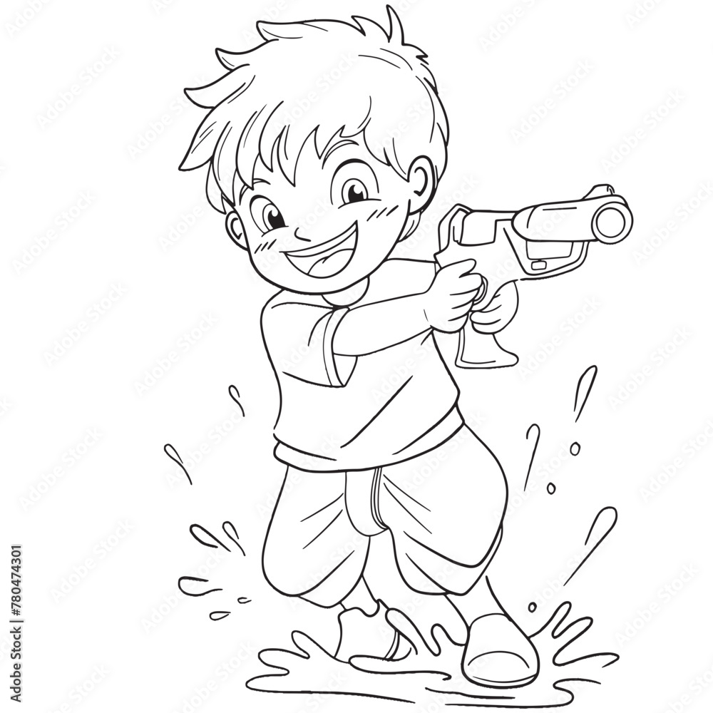 cute boy with water guns in Songkran festival outline for coloring cute boy with water guns in Songkran festival outline for coloring