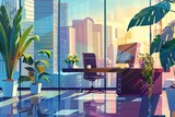 office room with plants outside of windows