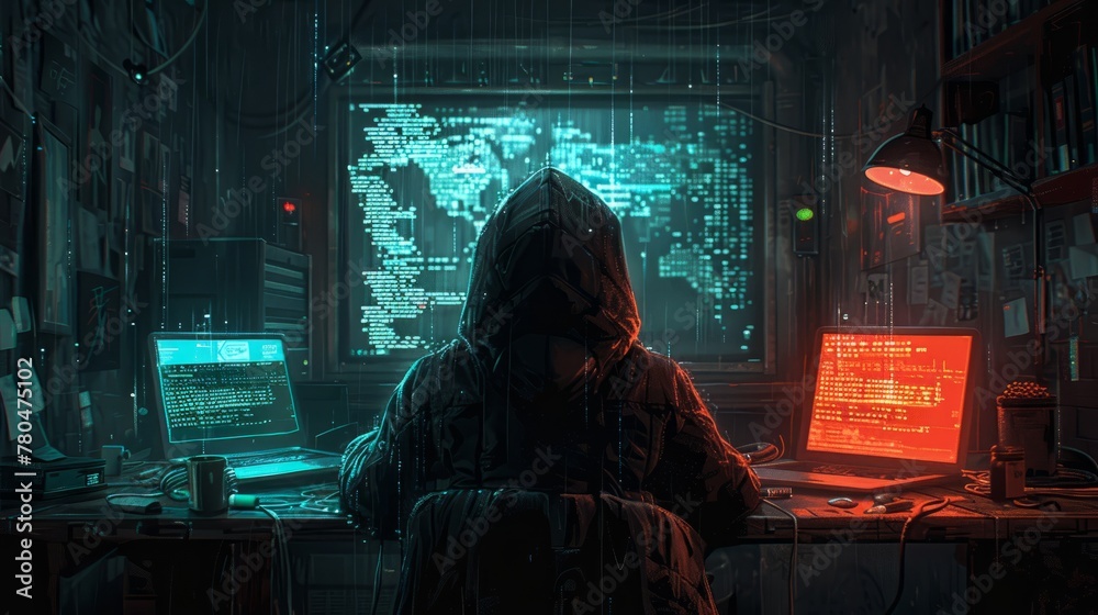 A hooded figure in a dark room full of screens with code.