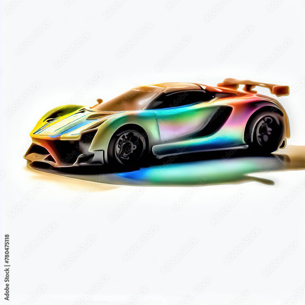 Fototapeta premium a classic sport car with bright colors isolated on a white background. shiny automobile with rainbow colors. 3d illustration made with generative AI technology 
