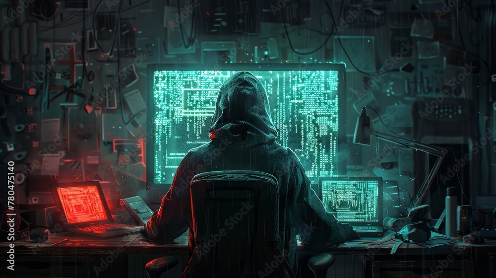 Hooded hacker in dark room with multiple screens displaying code.